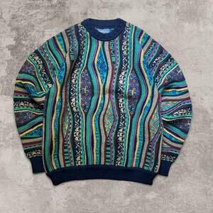 Italian Wool Sweater Coogi Style Knit Jumper Quiet Luxury Medium Multicolor GEOU